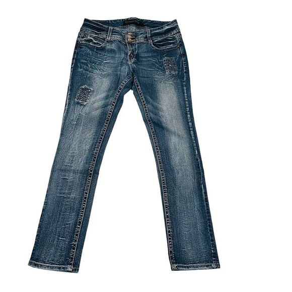 Twentyone Black by Rue 21 Med Wash Distressed Curvy Low Rise Skinny Jeans - 11 - Picture 4 of 14